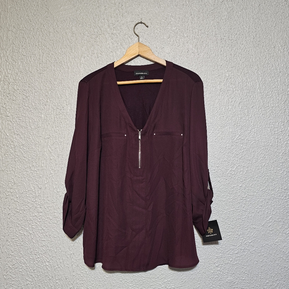 NEW Fortune & Ivy Shirt Womens Size XXL Roll Tab Sleeves Purple Top Stitch Fix